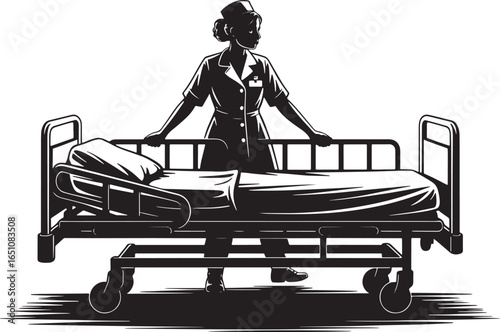 Nurse Silhouette Standing Beside Hospital Bed Vector Illustration on Transparent Backdrop