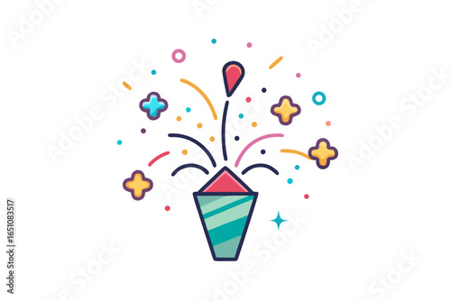 Small party popper icon releasing bubble shaped decorative elements