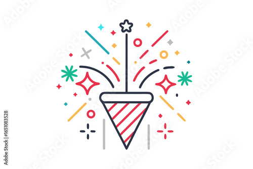 Stylish party popper line art with fireworks like celebration icon