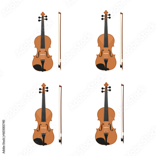 Four brown violins with bows isolated on white