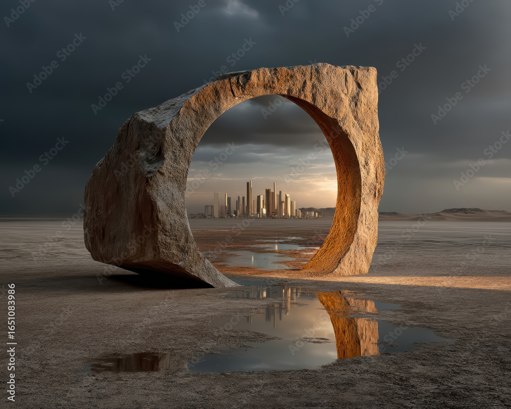Fototapeta premium Hyper-realistic animation circular stone arch with reflective mirror in desert