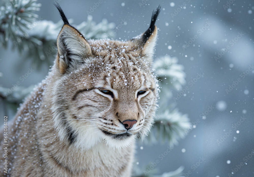 Obraz premium Eurasian lynx in snowy forest during winter