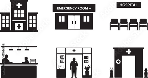 Hospital Building Emergency Room Waiting Area Reception Silhouette Set Healthcare Facility