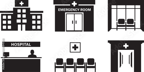 Hospital Building Emergency Room Waiting Area Reception Silhouette Set Healthcare Facility