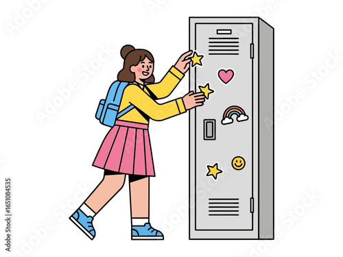 Decorating the Locker: A student girl with a backpack, adorned with stickers to the locker, creating a vibrant scene of back to school
