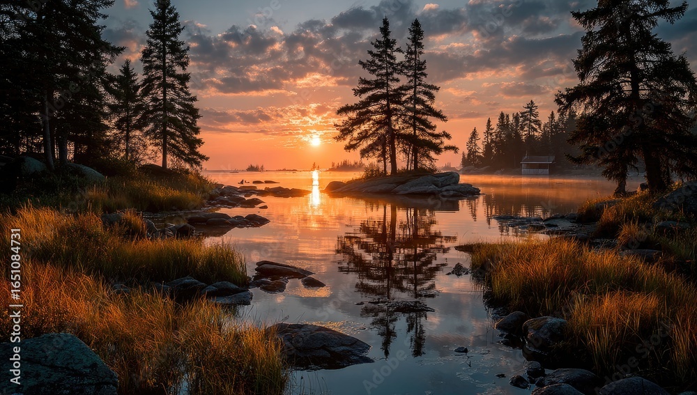 Obraz premium Calm lake sunrise, tranquil forest