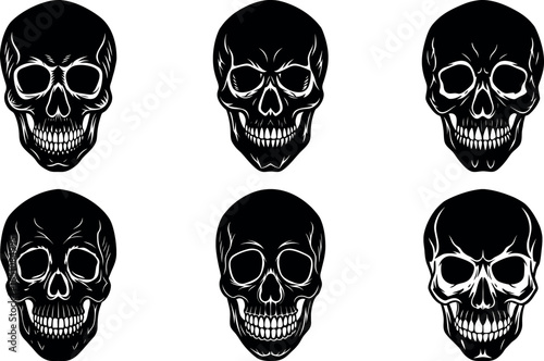 Collection of Six Black and White Skull Illustrations on a White Background