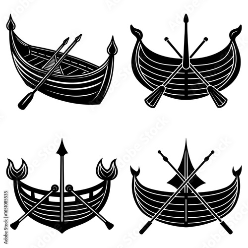 Four viking ship icons with oars in black and white showing different boat designs and configurations