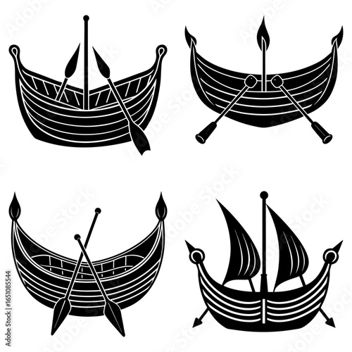 Four viking longboats with paddles and sails in a black and white graphic design illustration style