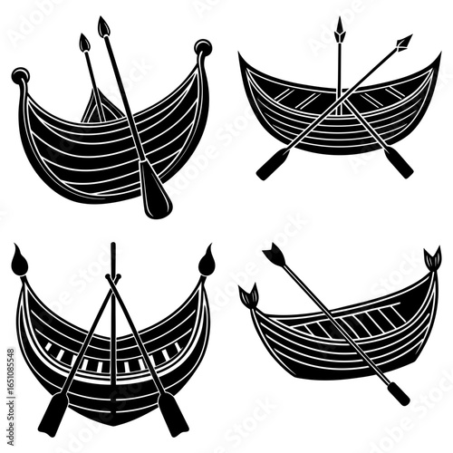 Four black and white viking longboats with oars in different positions on a white background image art