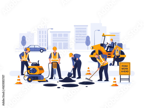 Roadwork Construction: A group of construction workers are hard at work repairing a road. The image shows machinery and tools for road construction. The scene captures the essential processes.