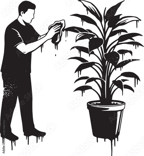 Stylized black and white vector image of a man dusting a potted