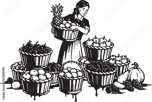 Monochrome illustration of woman arranging bountiful fruit harve