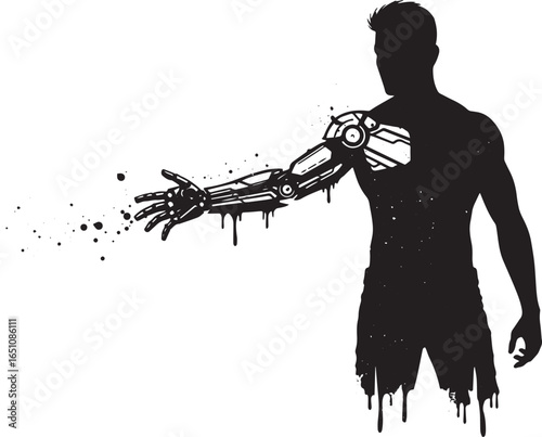 Abstract silhouette of a man with cybernetic arm reaching out in