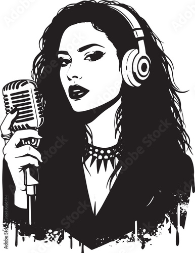 Striking monochrome portrait of a woman singing with retro micro