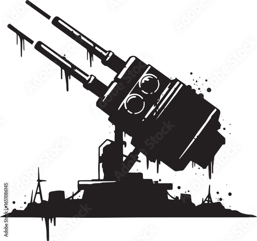 Silhouette of a naval artillery system, rendered in a bold, grap