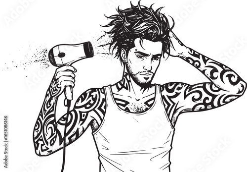 Stylized illustration of a tattooed man blow-drying his hair wit