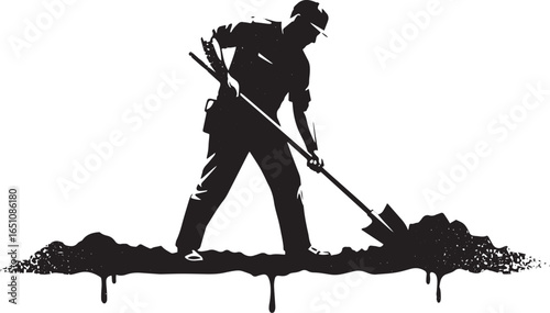 Monochrome silhouette of a worker digging, symbolizing hard labo