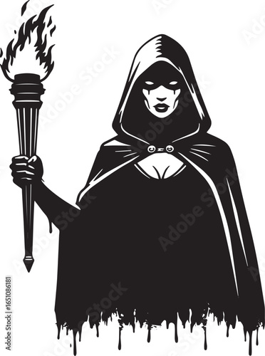 Mysterious figure in hooded cloak holding a blazing torch with d