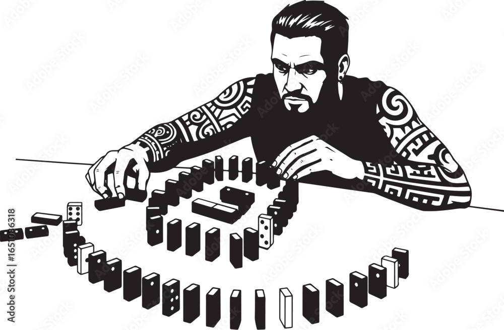 Fototapeta premium Intense tattooed man meticulously building a domino effect struc