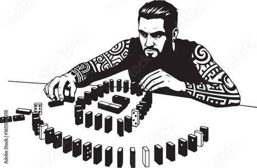 Intense tattooed man meticulously building a domino effect struc