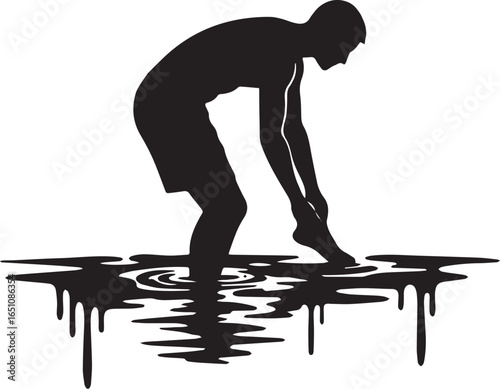 Silhouette of a person dipping their foot in water, minimalistic