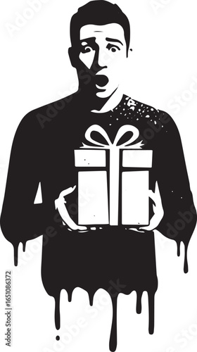 Monochrome Illustration of a Surprised Man Holding a Present wit