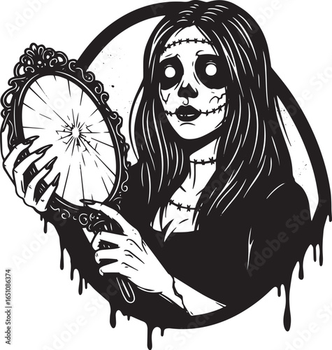 Monochrome illustration of a spooky woman holding a shattered mi
