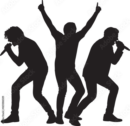 Dynamic Silhouette Illustration of Three Performers Singing and Dancing on Stage