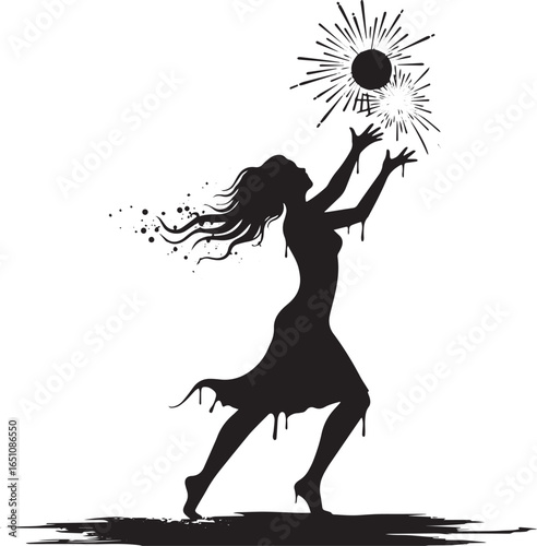 Silhouetted woman tossing glowing orbs in graphic black and whit
