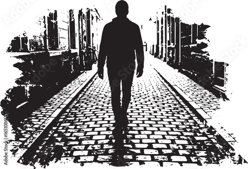 Silhouette on cobblestone street: A solitary walk through urban