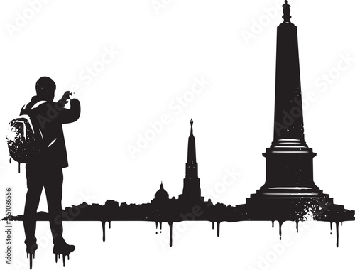 Monochrome vista: A traveler capturing urban landmarks with a gr