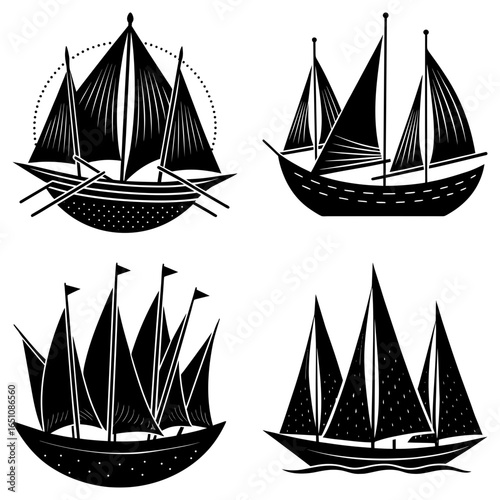 Four black and white vector illustrations of sailboats with varying sail configurations and hull designs