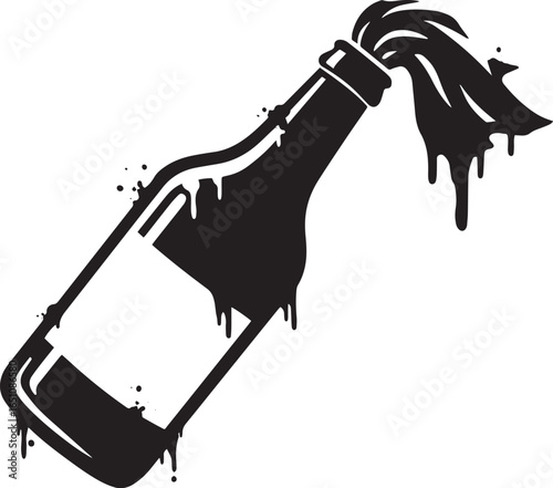 Molotov Cocktail Illustration, Abstract Icon of a Bottle with Fl