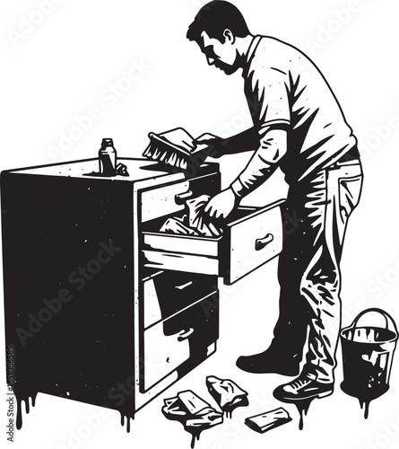 Monochrome illustration of a man decluttering and cleaning out d