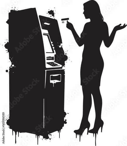 Silhouette of a puzzled woman at an ATM with artistic ink splatt