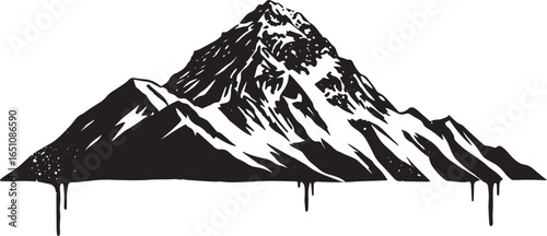 Monochromatic depiction of a towering snow-capped mountain peak