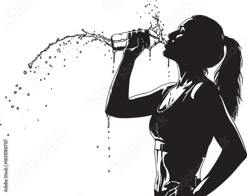 Silhouette of athletic woman quenching thirst after workout illu