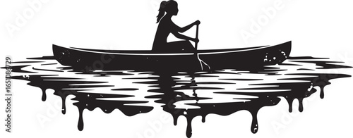 Monochrome silhouette of a woman rowing a canoe on water illustr
