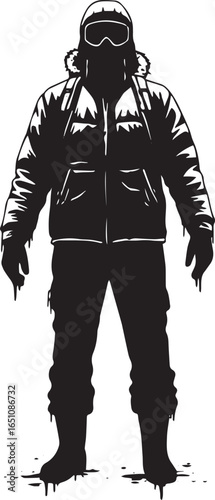 Monochromatic figure in winter gear on a stark white backdrop il