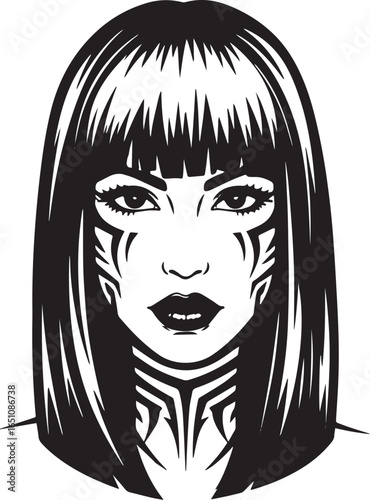 Monochrome vector illustration of a woman's face with tribal sty