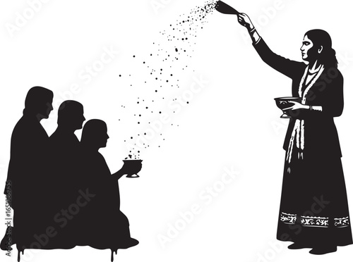 Ritualistic silhouette illustration featuring sprinkling actions