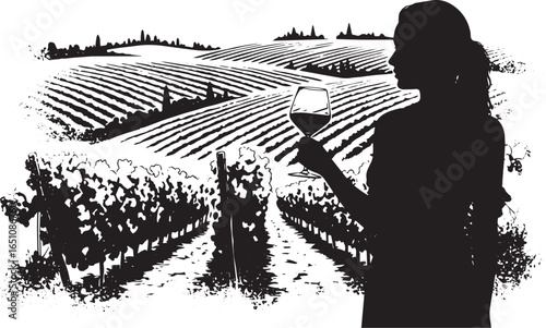 Silhouette of a woman enjoying a glass of red wine amidst a tran