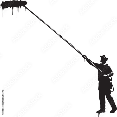 Silhouette of worker dusting a high ceiling with an extendable b