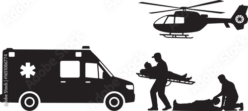 Emergency Medical Services Silhouette Featuring Ambulance, Helicopter, and Rescue Team