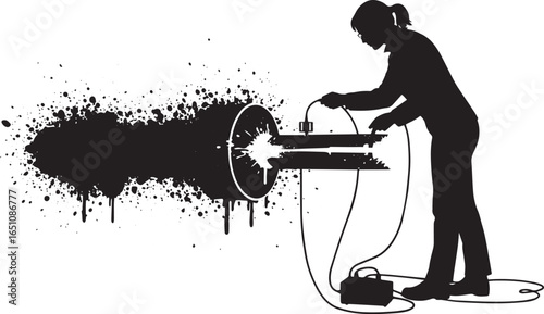 Woman performing laser or welding activity with black grunge exp