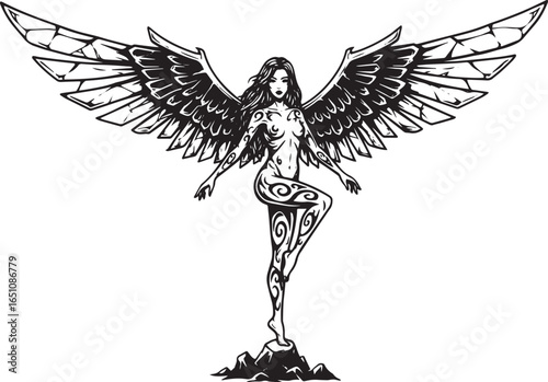 Monochrome winged figure with intricate patterns perched on a ro