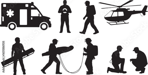 Emergency Medical Services Team Silhouette Set Ambulance Helicopter Rescue Aid Workers Scene