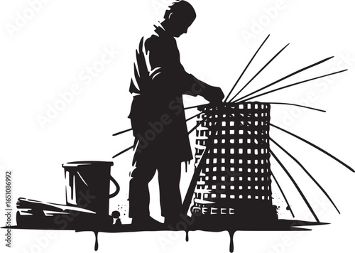 Silhouette of a craftsman weaving a basket with traditional meth