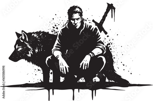Striking monochrome illustration of a man with a wolf and sword